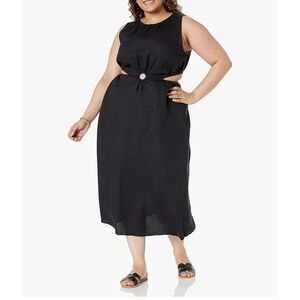 New Women Black Linen Dress Plus Sz XXL Midi Side CutOut Beach Summer Sleeveless